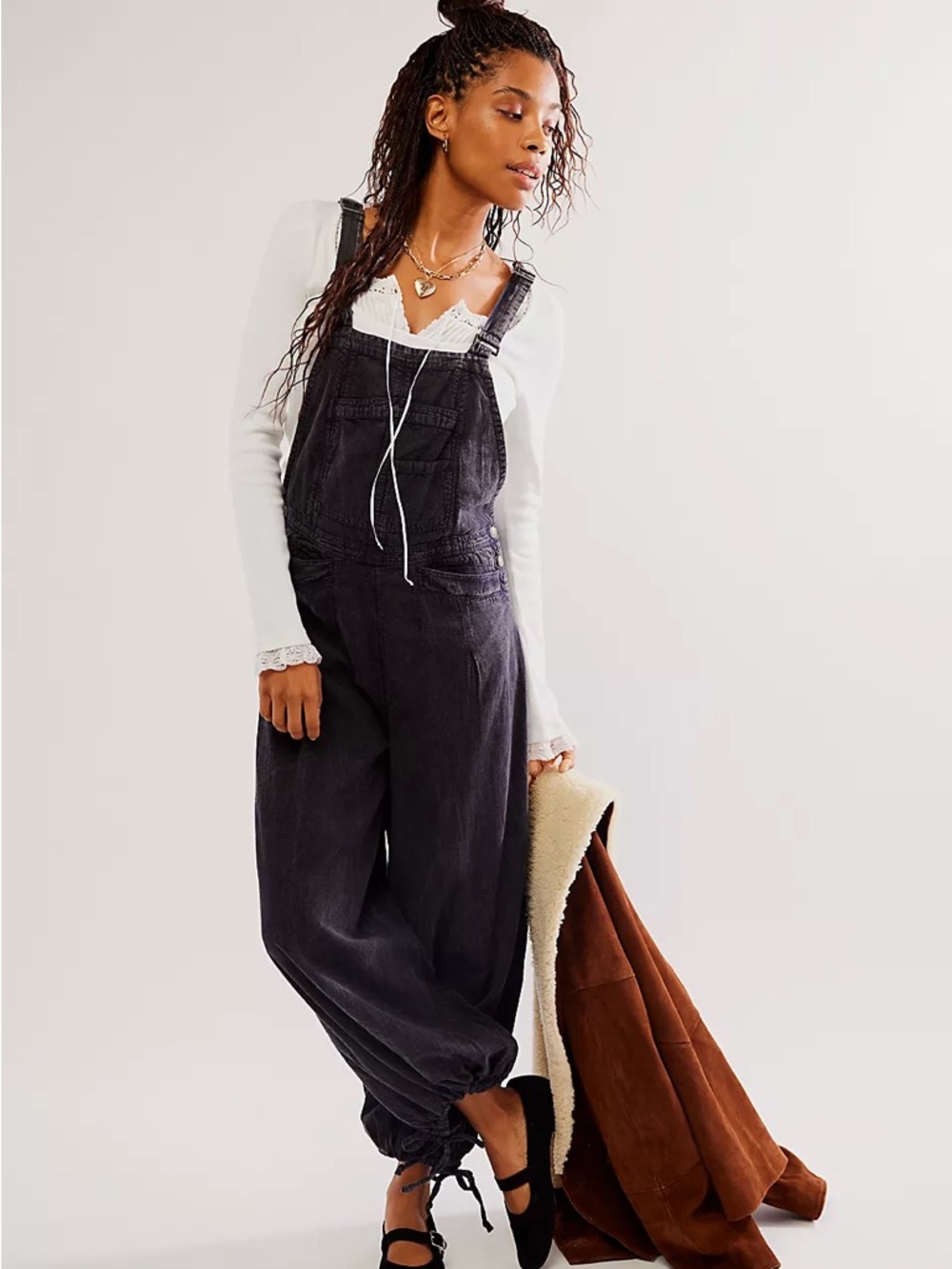Free People Black soft washed denim overalls - follow the sun line